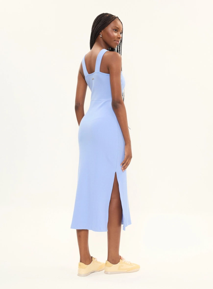 Vestido Midi Slim Canelado Decote Cruzado E Fenda Azul 2