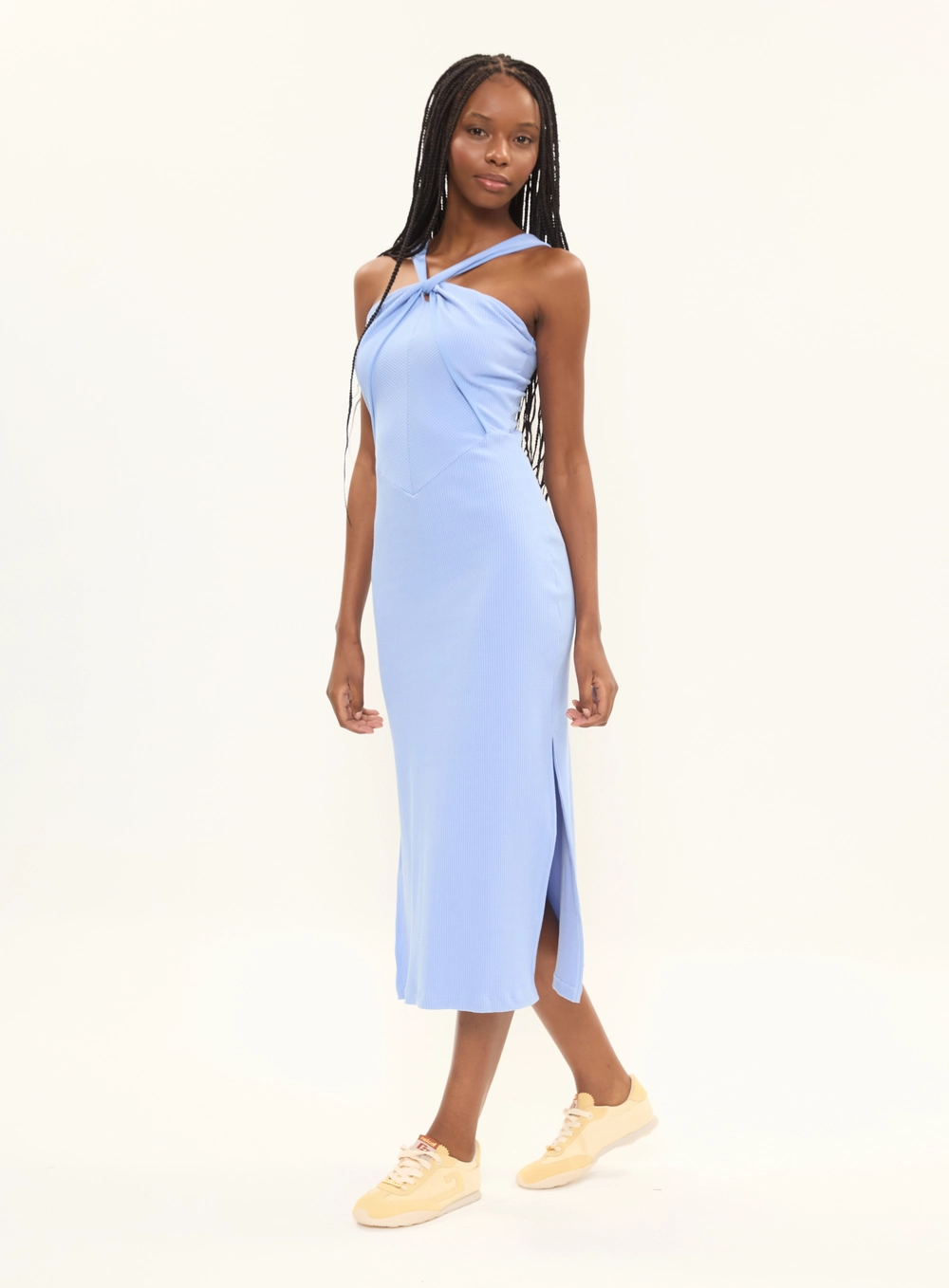 Vestido Midi Slim Canelado Decote Cruzado E Fenda Azul 1