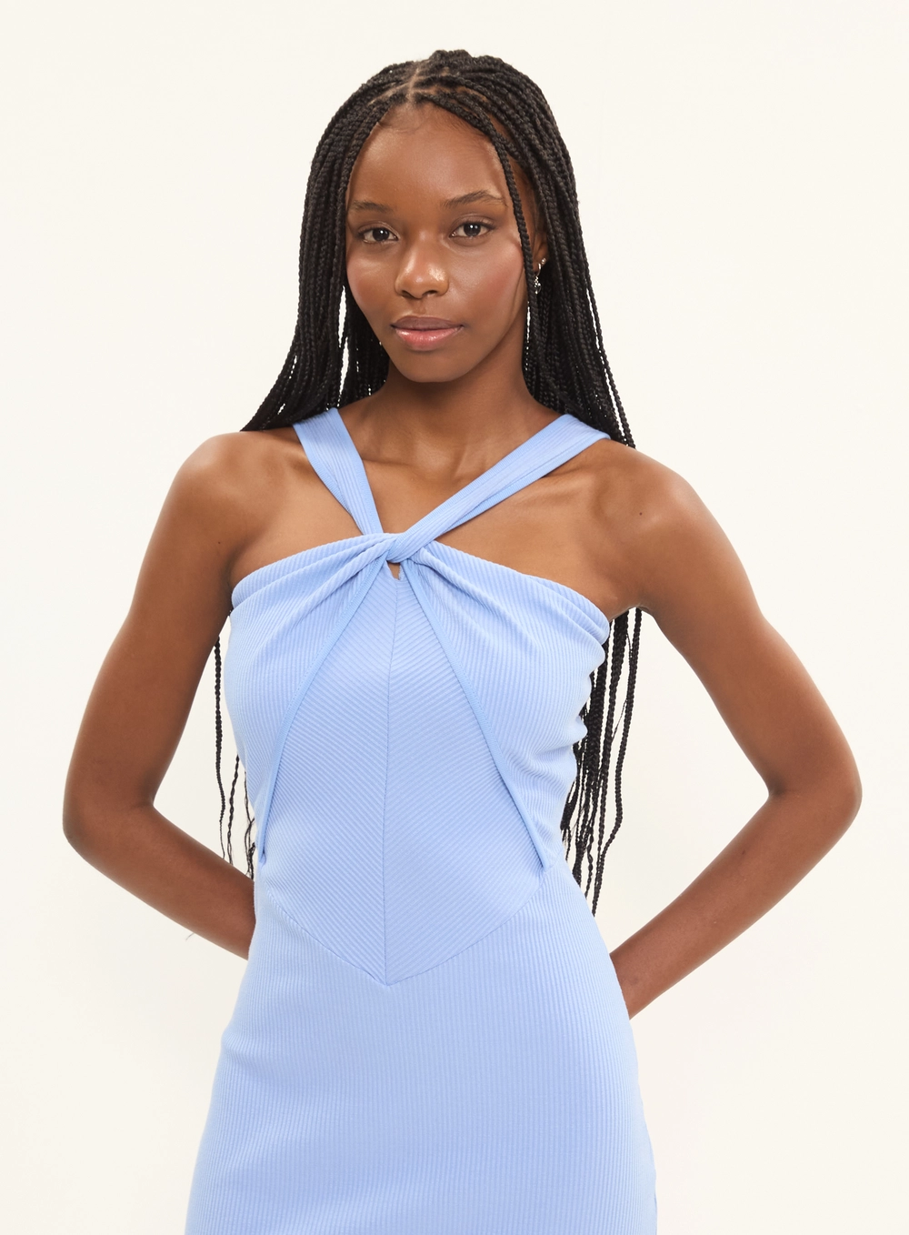 Vestido Midi Slim Canelado Decote Cruzado E Fenda Azul 3
